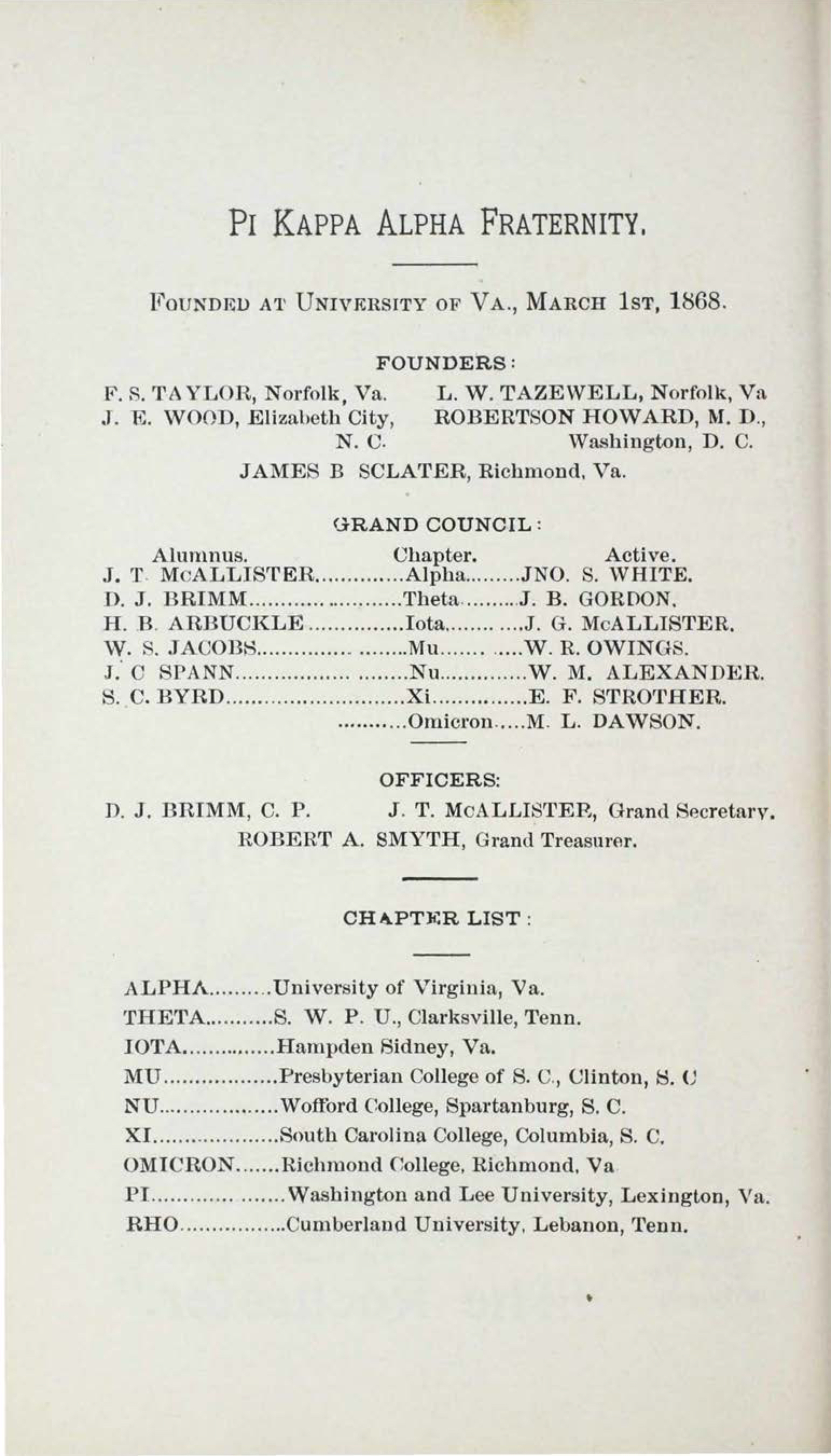 Pi Kappa Alpha Fraternity Directory, July 1892